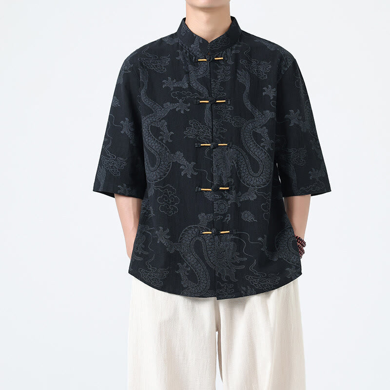 Buddha Stones Summer Dragon Auspicious Clouds Pattern Tang Suit Men's Frog-Button Half Sleeve Cotton Shirt - image 1