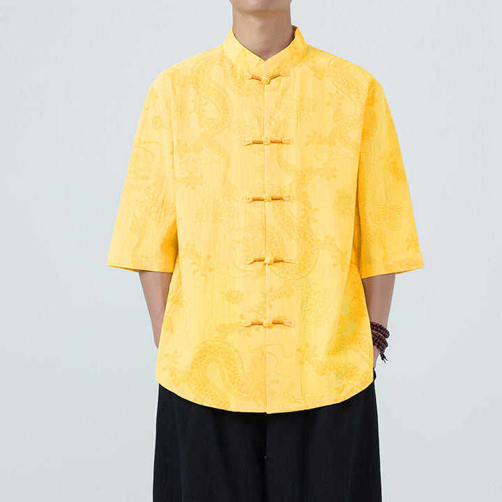 Buddha Stones Summer Dragon Auspicious Clouds Pattern Tang Suit Men's Frog-Button Half Sleeve Cotton Shirt - Yellow - US/UK/AU46，EU56 (5XL) - image 11