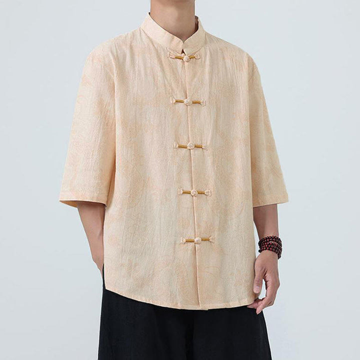 Buddha Stones Summer Dragon Auspicious Clouds Pattern Tang Suit Men's Frog-Button Half Sleeve Cotton Shirt - image 8