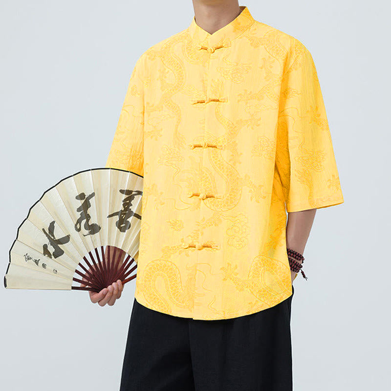 Buddha Stones Summer Dragon Auspicious Clouds Pattern Tang Suit Men's Frog-Button Half Sleeve Cotton Shirt - image 14