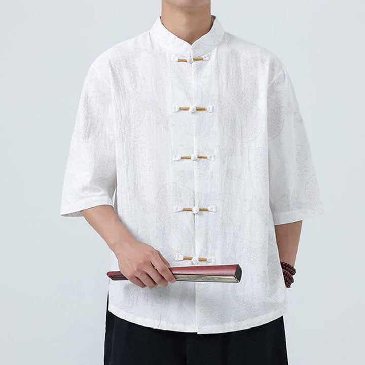 Buddha Stones Summer Dragon Auspicious Clouds Pattern Tang Suit Men's Frog-Button Half Sleeve Cotton Shirt - image 19