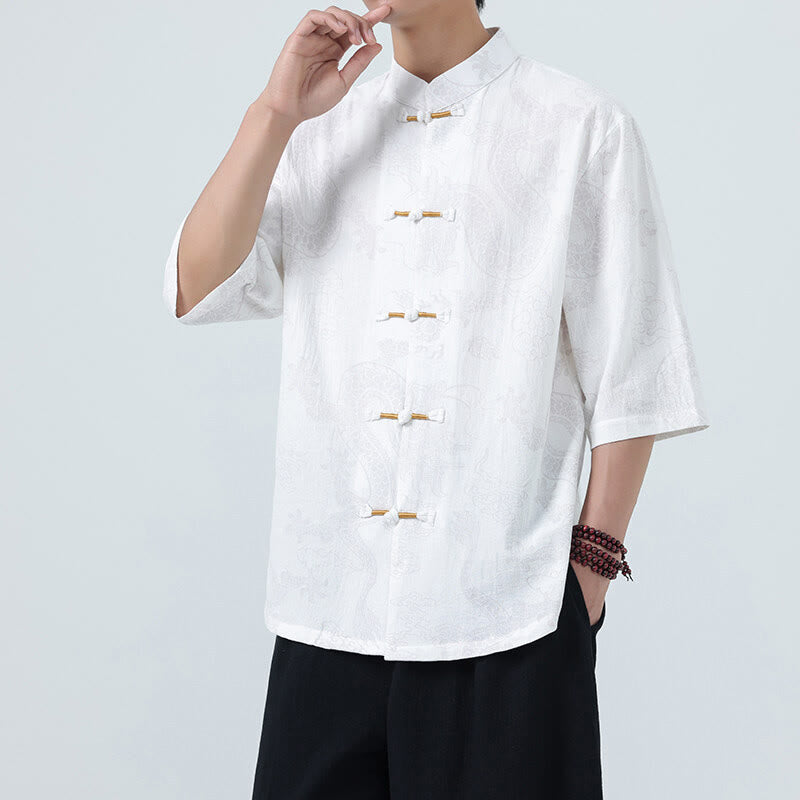 Buddha Stones Summer Dragon Auspicious Clouds Pattern Tang Suit Men's Frog-Button Half Sleeve Cotton Shirt - image 18