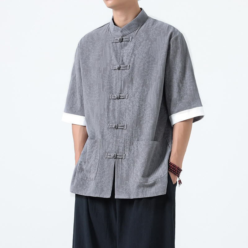 Buddha Stones Summer Flowers Grass Pattern Tang Suit Men's Frog-Button Half Sleeve Cotton Shirt With Pockets - Gray - US/UK/AU46，EU56 (5XL) - image 4