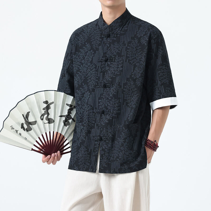 Buddha Stones Summer Flowers Grass Pattern Tang Suit Men's Frog-Button Half Sleeve Cotton Shirt With Pockets - image 2