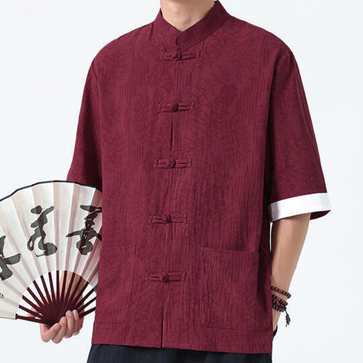 Buddha Stones Summer Flowers Grass Pattern Tang Suit Men's Frog-Button Half Sleeve Cotton Shirt With Pockets - image 13