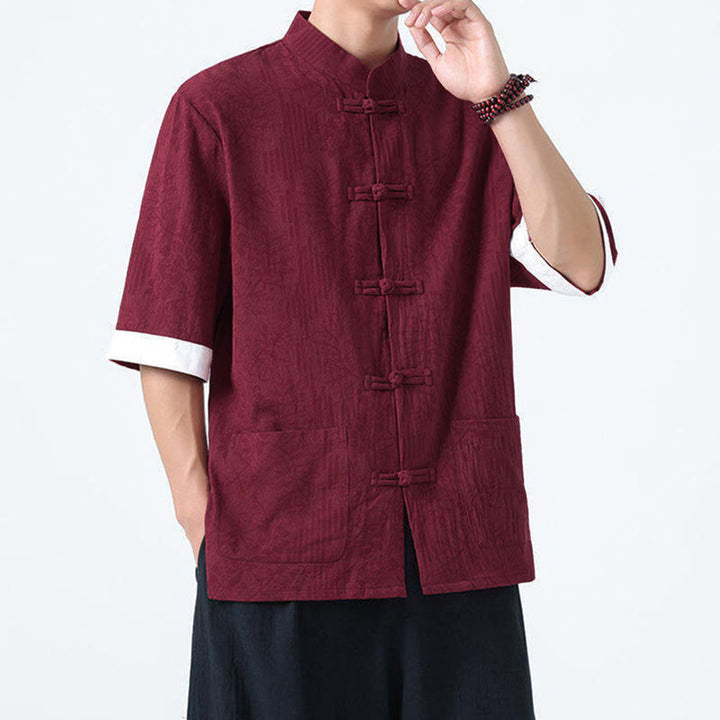 Buddha Stones Summer Flowers Grass Pattern Tang Suit Men's Frog-Button Half Sleeve Cotton Shirt With Pockets - image 12