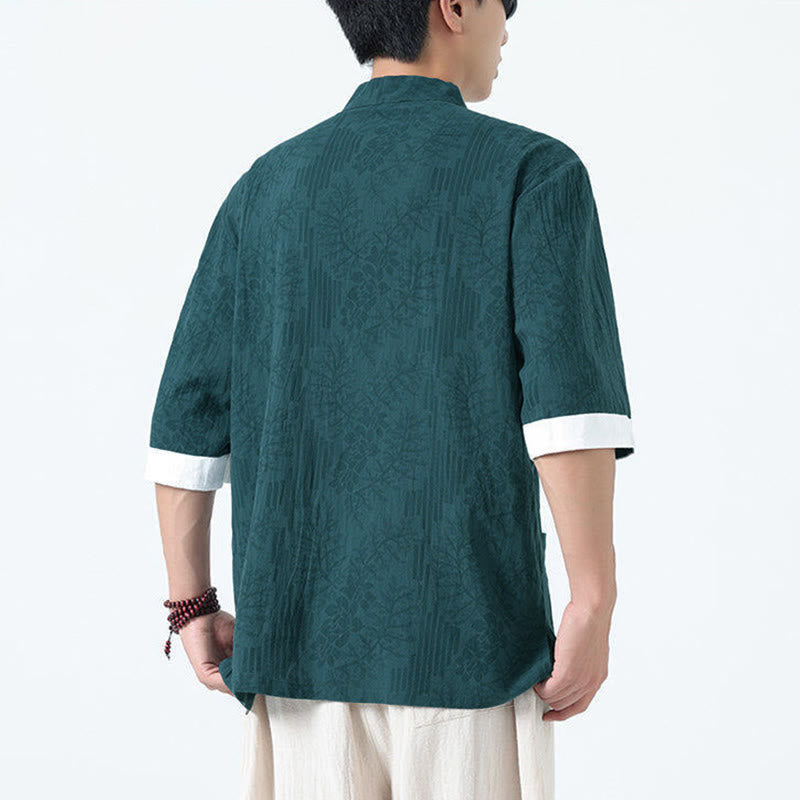 Buddha Stones Summer Flowers Grass Pattern Tang Suit Men's Frog-Button Half Sleeve Cotton Shirt With Pockets - image 18