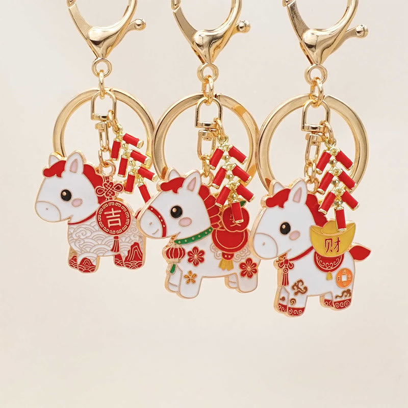Buddha Stones "Hoping You Have a Joyful Year" Year of the Horse Ingot Red Firecrackers Alloy Key Chain Includes Gift Message Card - image 33