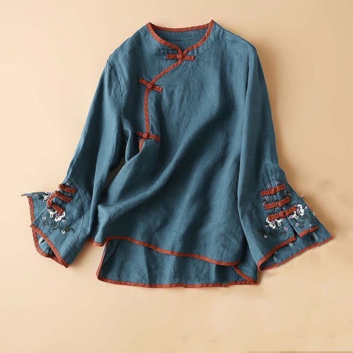 Buddha Stones Retro Flower Embroidery Design Long Sleeve Women's Shirt - SteelBlue - US12，UK/AU16，EU44 (4XL) - image 10