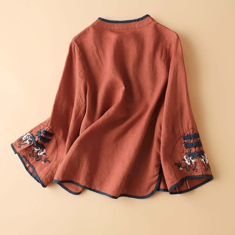 Buddha Stones Retro Flower Embroidery Design Long Sleeve Cotton Linen Women's Shirt - image 1