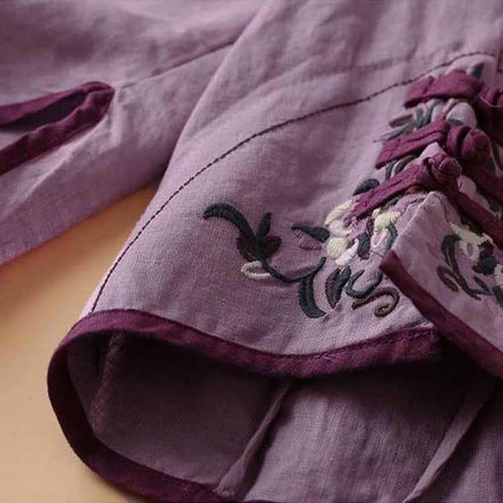 Buddha Stones Retro Flower Embroidery Design Long Sleeve Cotton Linen Women's Shirt - image 20