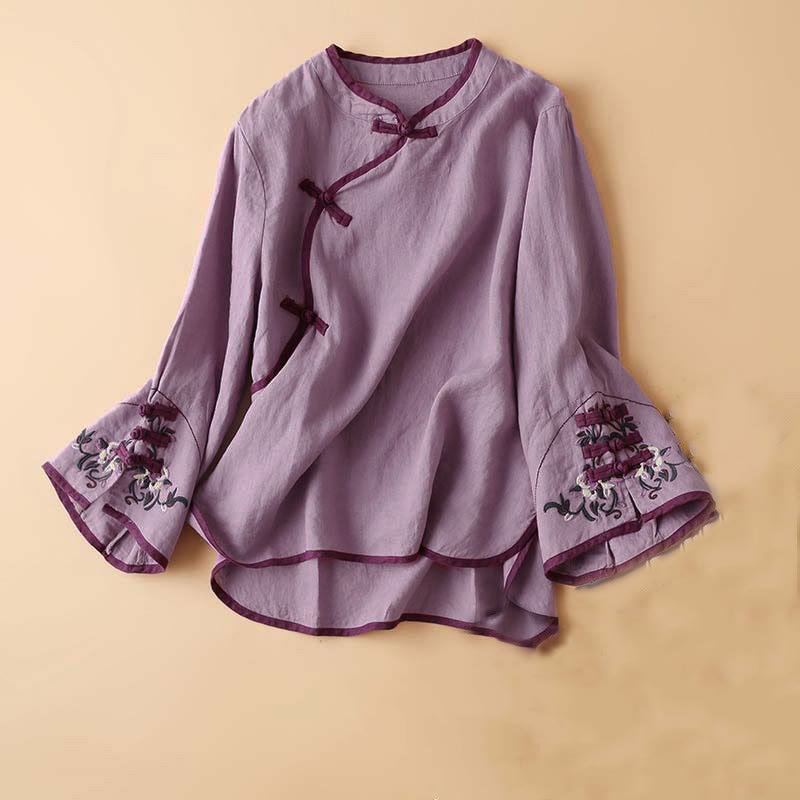 Buddha Stones Retro Flower Embroidery Design Long Sleeve Cotton Linen Women's Shirt - Violet - US12，UK/AU16，EU44 (4XL) - image 16