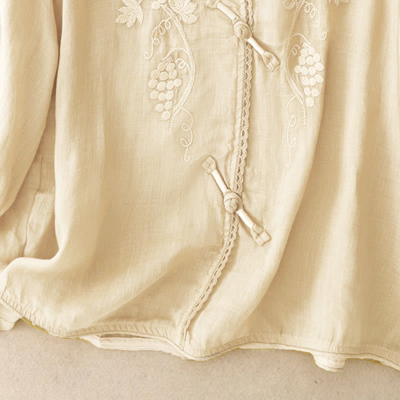 Buddha Stones Embroidered Grapes Pattern Lace Design Frog-Button Three Quarter Sleeve Women's Cotton Shirt - image 6