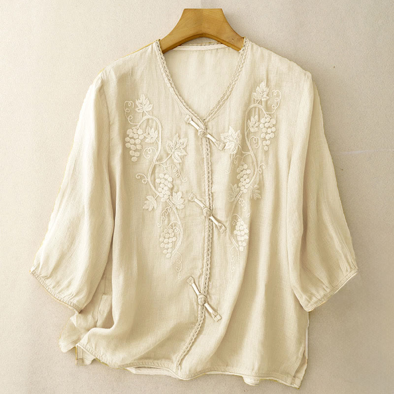 Buddha Stones Embroidered Grapes Pattern Lace Design Frog-Button Three Quarter Sleeve Women's Cotton Shirt - LightGoldenrodYellow - US8-10，UK/AU12-14，EU40-42 (2XL) - image 5