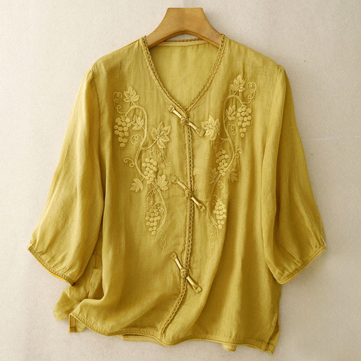 Buddha Stones Embroidered Grapes Pattern Lace Design Frog-Button Three Quarter Sleeve Women's Cotton Shirt - Gold - US8-10，UK/AU12-14，EU40-42 (2XL) - image 9