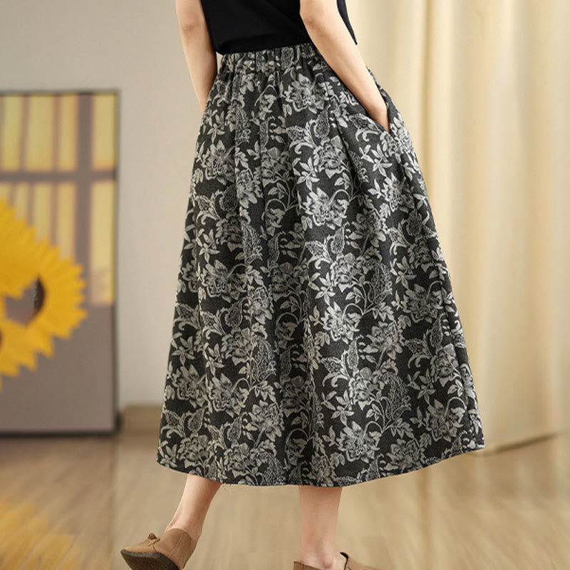 Buddha Stones Printing Flower Paisley Pattern A-line Elastic Waist Cotton Women's Skirt With Pockets - image 3