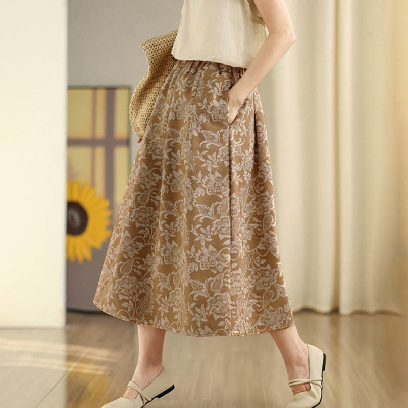 Buddha Stones Printing Flower Paisley Pattern A-line Elastic Waist Cotton Women's Skirt With Pockets - image 10