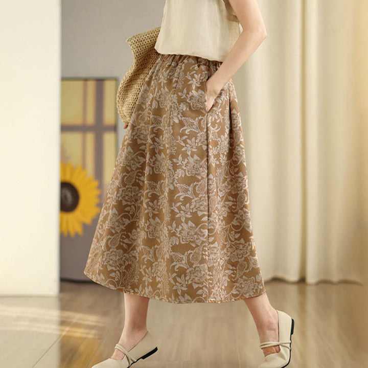 Buddha Stones Printing Flower Paisley Pattern A-line Elastic Waist Cotton Women's Skirt With Pockets - image 10