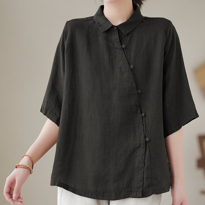Buddha Stones Lapel Frog-Button Diagonal Placket Design Three Quarter Sleeve Women's Cotton Shirt - image 12