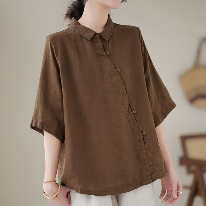 Buddha Stones Lapel Frog-Button Diagonal Placket Design Three Quarter Sleeve Women's Cotton Shirt - image 16