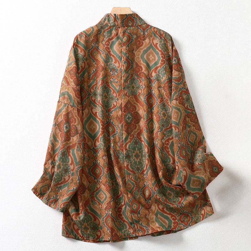 Buddha Stones Printing Chinese Frog-Button Long Sleeve Stand Collar Women's Shirt With Pockets - image 1