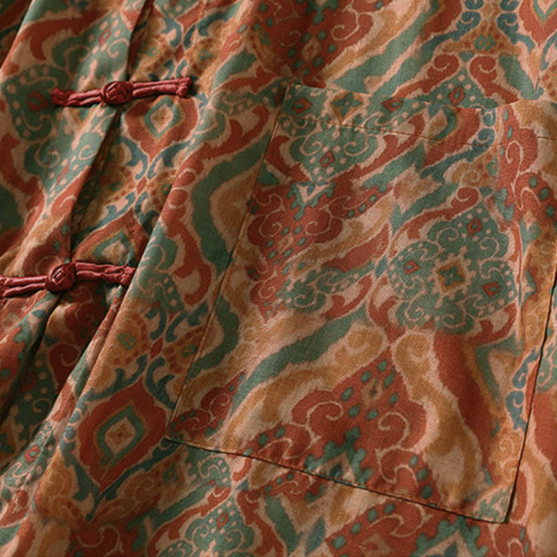 Buddha Stones Printing Chinese Frog-Button Long Sleeve Stand Collar Women's Shirt With Pockets - image 5