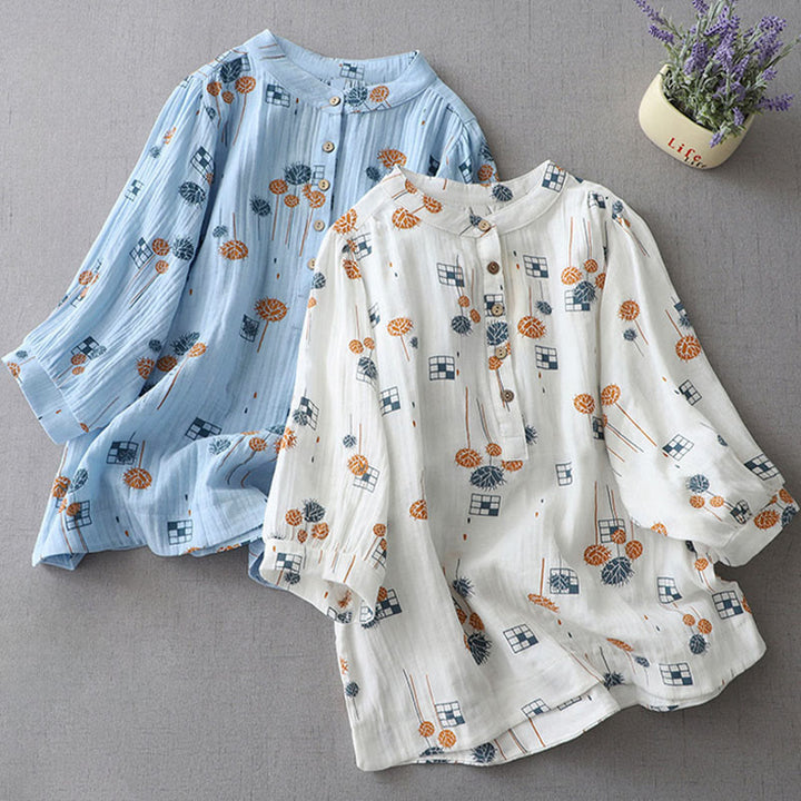 Buddha Stones Printed Half Button DesignThree Quarter Gathered Sleeve Women's Cotton Shirt - image 18