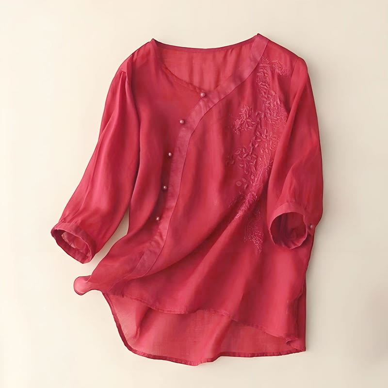 Buddha Stones Casual Loose Flower Embroidery Frog Button Short Sleeve Women's Shirt - FireBrick - US14，UK/AU18，EU46 (4XL) - image 4