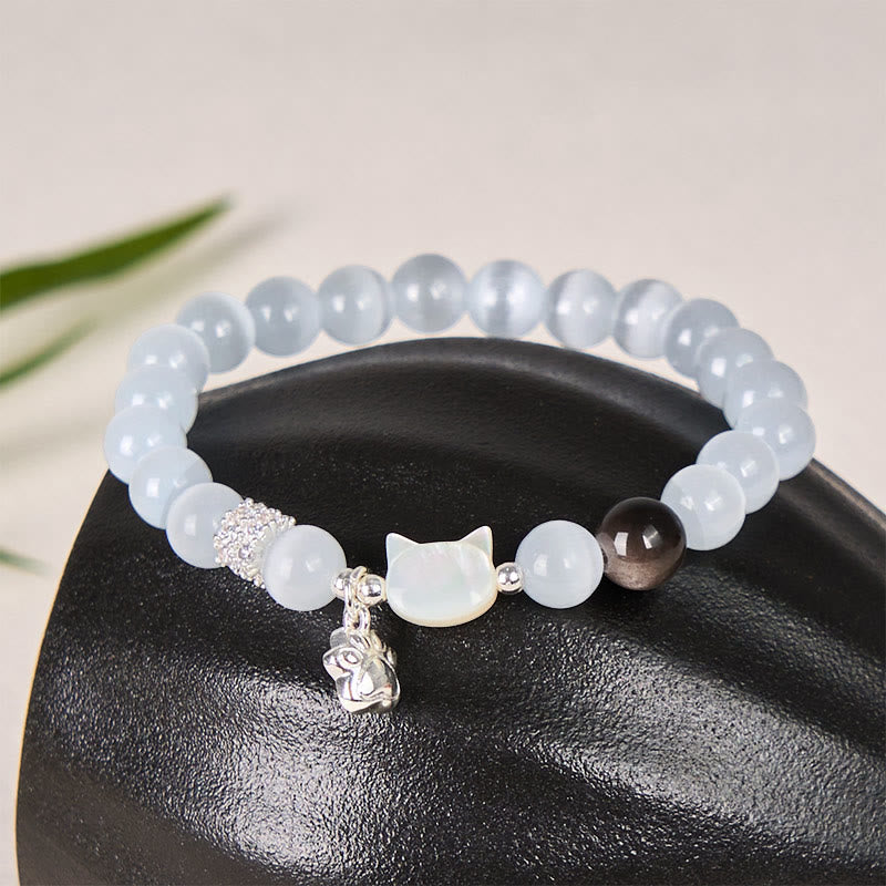 Buddha Stones Cat Head White Cat's Eye Silver Sheen Obsidian Positive Bracelet - White Cat's Eye Bead Size 8mm(Wrist Circumference:14-15cm) - image 0