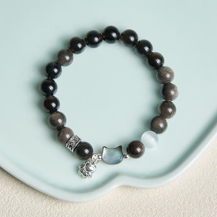 Buddha Stones Cat Head White Cat's Eye Silver Sheen Obsidian Positive Bracelet - image 11