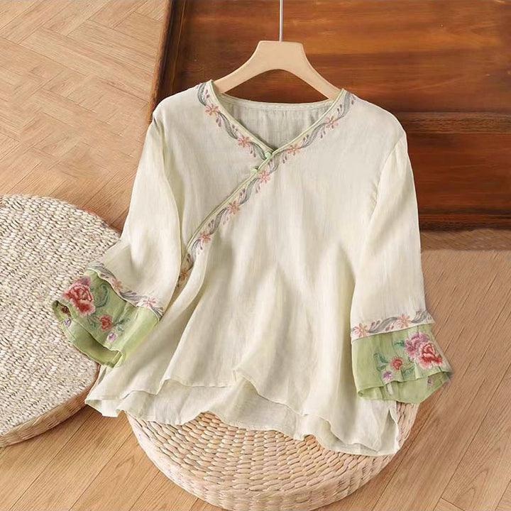 Buddha Stones Spring Retro Embroidery Button Design Three Quarter Sleeve Women's Cotton Shirt - BlanchedAlmond - US14，UK/AU18，EU46 (4XL) - image 0