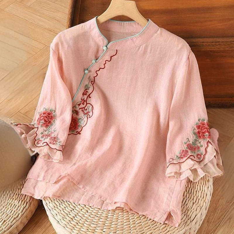 Buddha Stones Casual Loose Peony Embroidery Frog Button Three Quarter Sleeve Women's Shirt - Pink - US14，UK/AU18，EU46 (4XL) - image 1