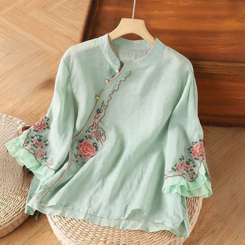 Buddha Stones Casual Loose Peony Embroidery Frog Button Three Quarter Sleeve Women's Shirt - PaleTurquoise - US12，UK/AU16，EU44 (4XL) - image 4