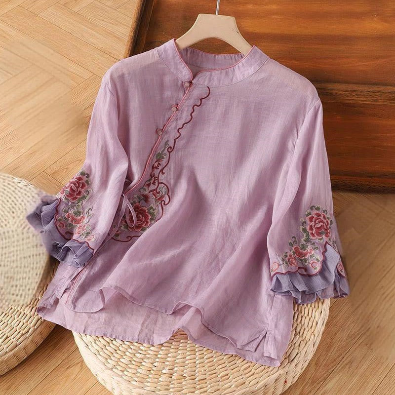 Buddha Stones Casual Loose Peony Embroidery Frog Button Three Quarter Sleeve Women's Shirt - Plum - US12，UK/AU16，EU44 (4XL) - image 3