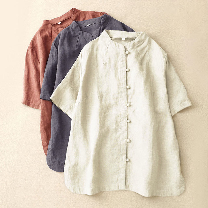 Buddha Stones Summer Women's Cotton Short Sleeve Stand Collar Side Slit Frog-Button Design Shirt - image 17