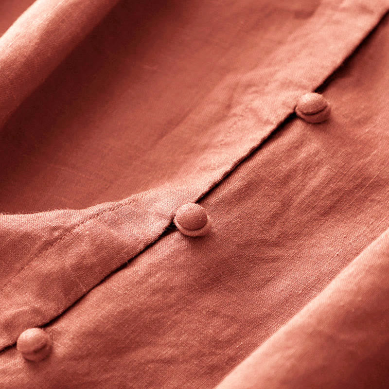 Buddha Stones Summer Women's Cotton Short Sleeve Stand Collar Side Slit Frog-Button Design Shirt - image 8