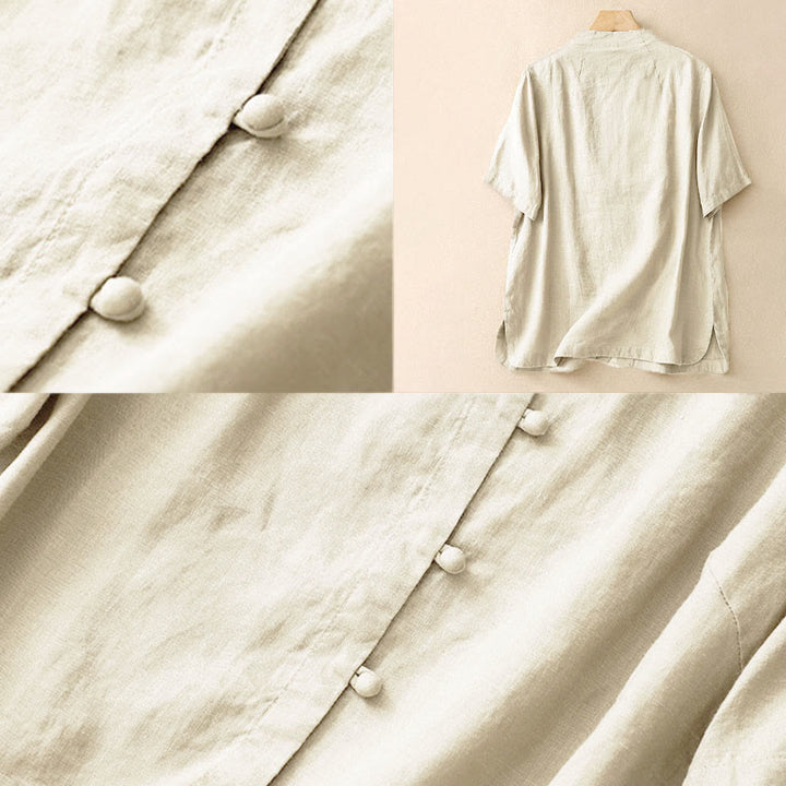 Buddha Stones Summer Women's Cotton Short Sleeve Stand Collar Side Slit Frog-Button Design Shirt - image 4