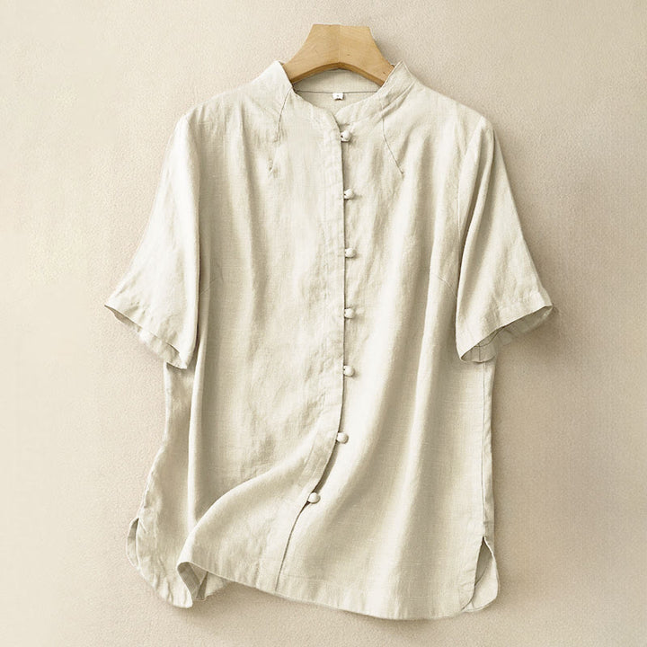 Buddha Stones Summer Women's Cotton Short Sleeve Stand Collar Side Slit Frog-Button Design Shirt - LightYellow - US8-10，UK/AU12-14，EU40-42 (2XL) - image 0