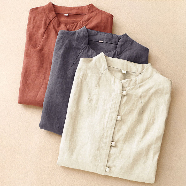 Buddha Stones Summer Women's Cotton Short Sleeve Stand Collar Side Slit Frog-Button Design Shirt - image 18