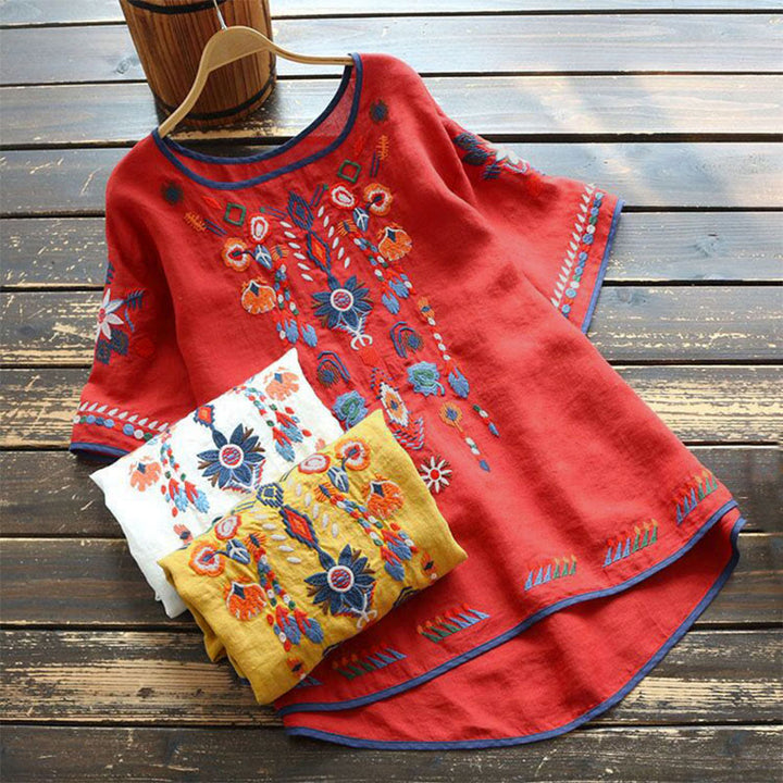 Buddha Stones Retro Artistic Embroidery Floral Pattern Crew Neck Women's Cotton Linen Short Sleeve T-Shirt - image 12