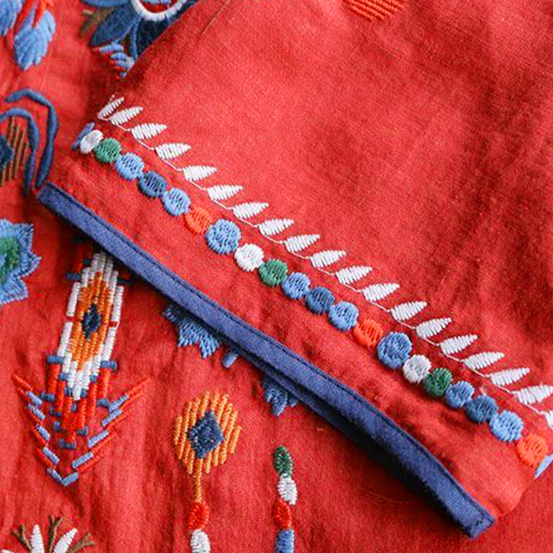 Buddha Stones Retro Artistic Embroidery Floral Pattern Crew Neck Women's Cotton Linen Short Sleeve T-Shirt - image 10