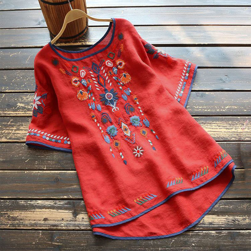 Buddha Stones Retro Artistic Embroidery Floral Pattern Crew Neck Women's Cotton Linen Short Sleeve T-Shirt - Red - US14，UK/AU18，EU46 (4XL) - image 8