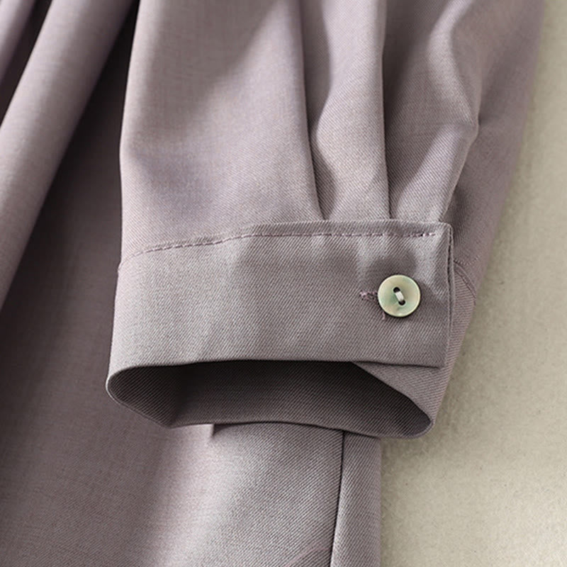 Buddha Stones Plain Lace-up Long Sleeve Half Buttons Design High Neck Women's Cotton Midi Dress With Pockets - image 14