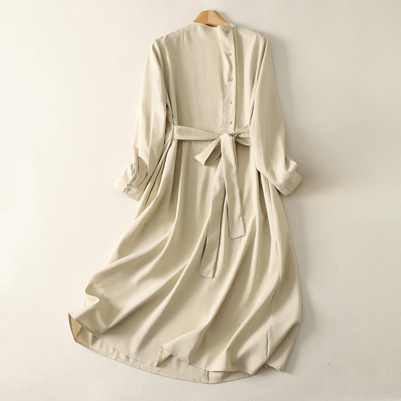 Buddha Stones Plain Lace-up Long Sleeve Half Buttons Design High Neck Women's Cotton Midi Dress With Pockets - LightGoldenrodYellow - US8-10，UK/AU12-14，EU40-42 (2XL) - image 0