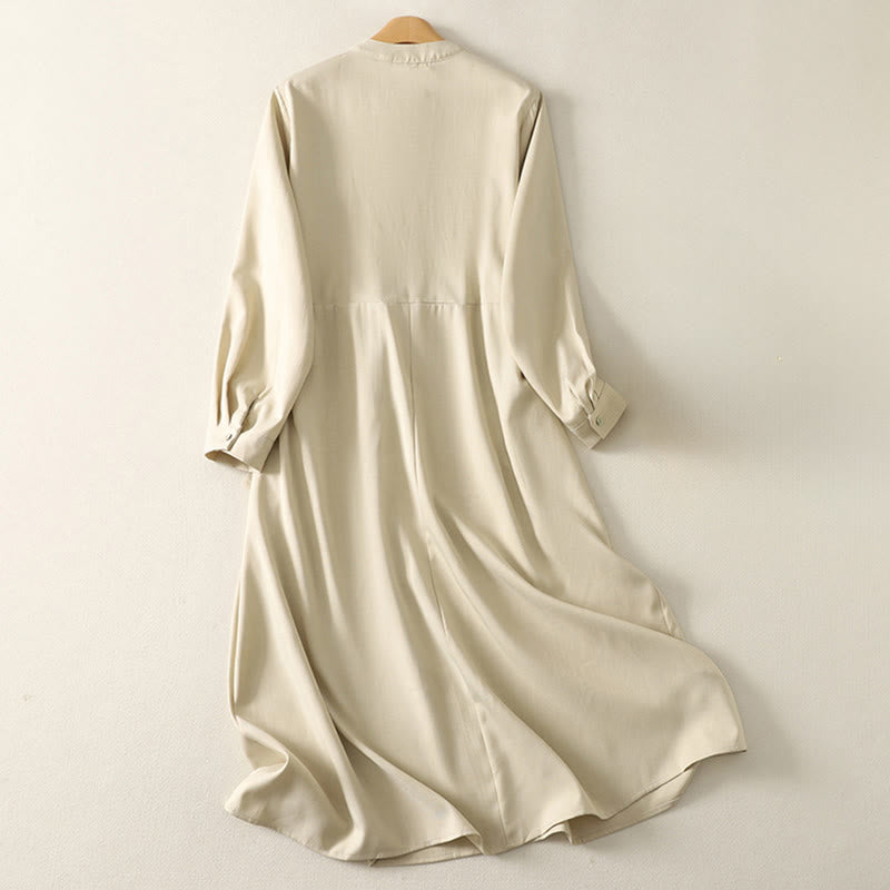 Buddha Stones Plain Lace-up Long Sleeve Half Buttons Design High Neck Women's Cotton Midi Dress With Pockets - image 1
