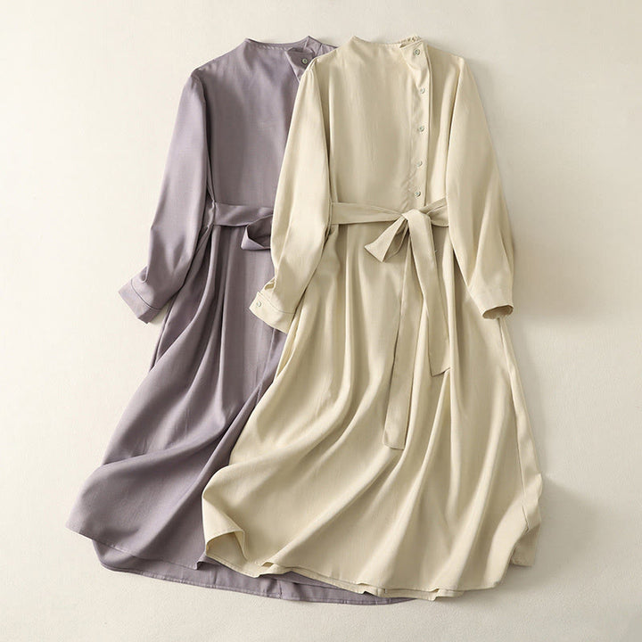 Buddha Stones Plain Lace-up Long Sleeve Half Buttons Design High Neck Women's Cotton Midi Dress With Pockets - image 16