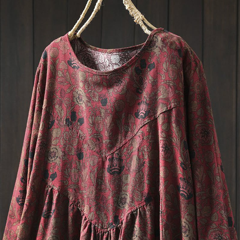 Buddha Stones Retro Floral Pattern A-line Design Long Sleeve Women's Cotton Maxi Dress - image 4