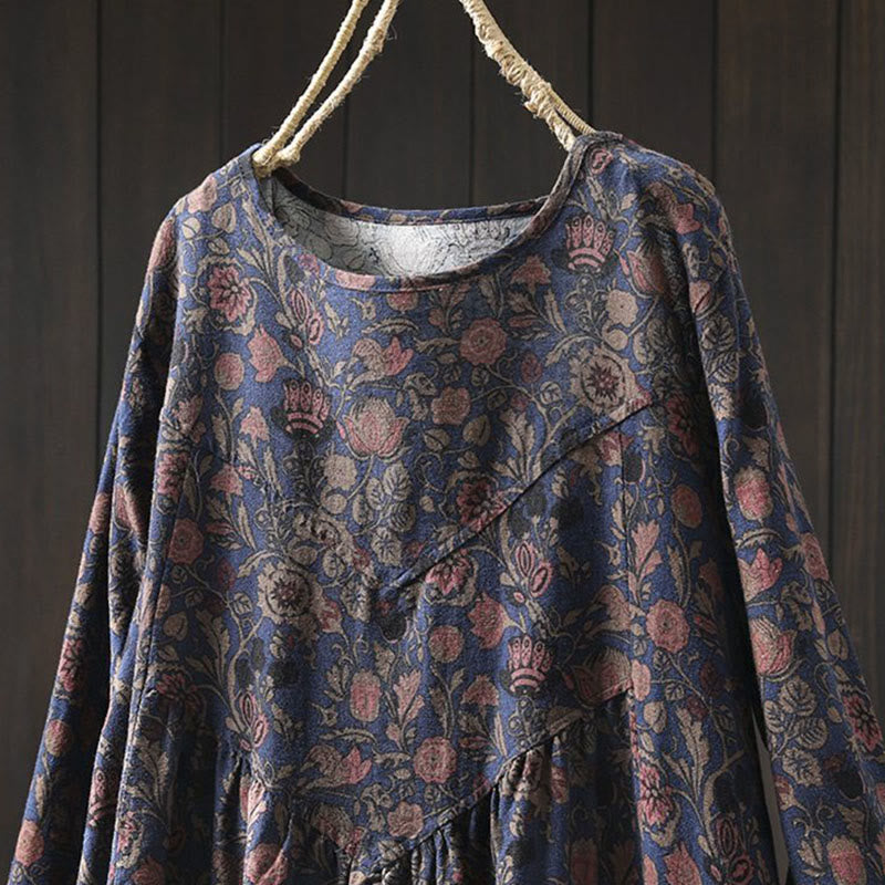 Buddha Stones Retro Floral Pattern A-line Design Long Sleeve Women's Cotton Maxi Dress - image 12