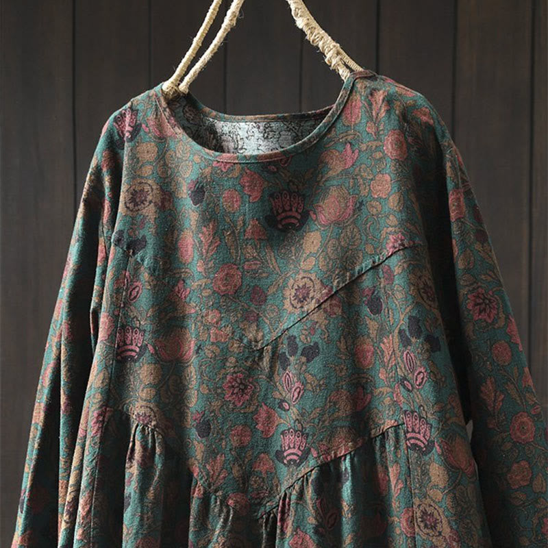 Buddha Stones Retro Floral Pattern A-line Design Long Sleeve Women's Cotton Maxi Dress - image 1