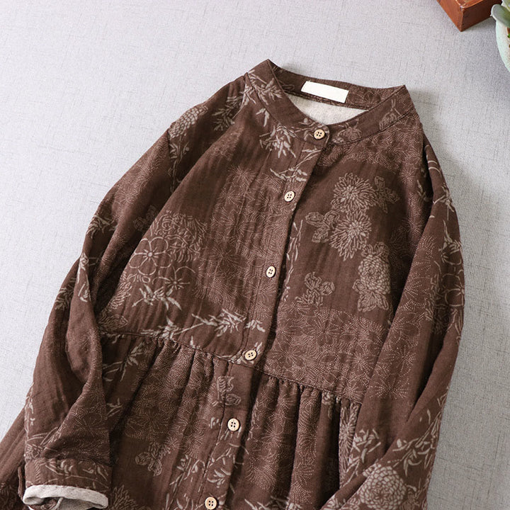 Buddha Stones Commute Bamboo Floral Pattern Long Sleeve Buttons Women's Cotton Midi Dress With Pockets - image 11